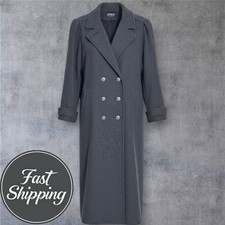 WMNS Vintage Wool Double Breasted Overcoat L Gray Padded Shoulders Oversized 80s