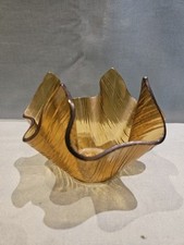 Vintage Amber Coloured Glass Ribbed Handkerchief Bowl Dish Vase Ornament GC
