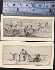 Two Miniature Pencil Drawings of Victorian Seaside Fishing Scenes, c.1860