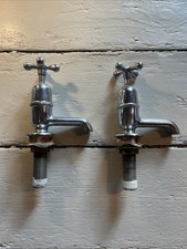 Vintage Chrome Crosshead Basin Taps Pair Hot Cold