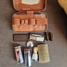 Vintage Men's Travel Shaving Grooming Kit Leather Case Made In England