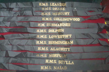 ROYAL NAVY CAP TALLIES HMS BIRMINGHAM DRAKE NORFOLK NAIAD SCYLLA DOLPHIN LEANDER