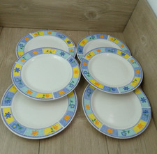 6 Trade Winds Dinner Plates Set of 6 Blue Yellow Flowers  27cm 10.5" Retro 1990s