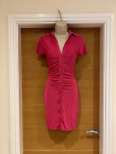 Primark Ladies Cerise Pink Ruched Bodycon Shirt Collar Dress Size 4 6 30in Chest