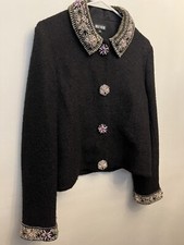 Holly Fulton-Rare-Wool-Blend Bouclé Embellished Jacket- Black-UK10-RTW Fall 2015