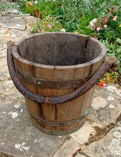 Genuine Antique Wooden Well Bucket with Copper   Hoops, Leather Handle