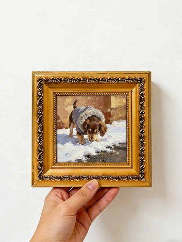 Dog sniffing snow - dog,