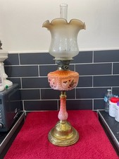 Oil Lamp Antique 28"- 71cm Tall, Hand Finshed Font, Pink Orange Coulored.