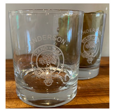 Scottish Clan Glass Whisky Tumblers, Set of 2 glasses and 2 coasters with crest