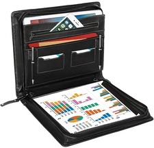 Handmade Real Leather Portfolio, A4 Conference Folder Zipper Padfolio - Black