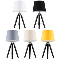 Tripod Table Lamp Wooden Bedside Living Room Light Tapered Cotton Lampshade LED