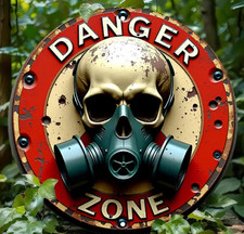 Gas Mask Danger Zone Toxic - Metal Sign - Stressed, Industrial 20cm Pre Drilled