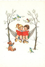 VINTAGE ART postcard:   CHILDREN IN A HAMMOCK READING A BOOK teddy bear birds
