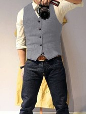 Men Tweed Waistcoats Retro Vests Herringbone Wedding Vintage Groomsman 44 46 48
