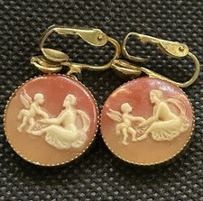 Vtg Mother Child Fairy Cameo ClipOn Dangle Earrings Gold Tone Victorian Revival