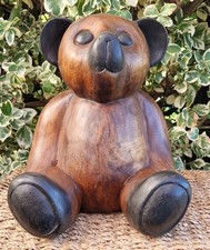 Wooden Teddy Bear 10.25" Sitting VTG Hand Carved Heavy Black Features READ