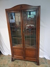 Antique welsh Oak Arts And Crafts Bookcase With Stained Leaded Glass