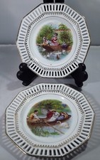 Pair Of Antique Ribbon Plate Continental Porcelain 18th Cent Ladies & Gentlemen 