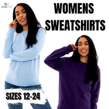 Ladies Womens Sweatshirt Classic Plain Fleece Crew Neck Jumper Cotton Rich Sweat