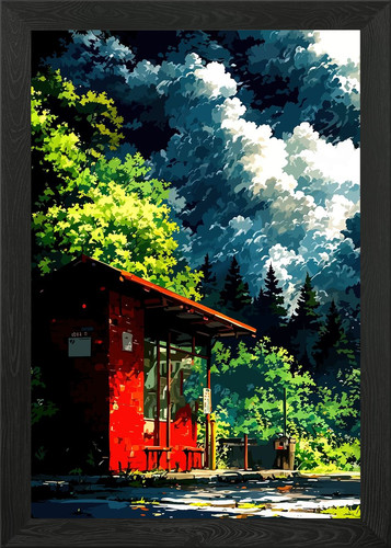 Red bus stop nature - red, in
