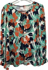 Kim&Co Floral Orange Green Long Sleeve Top Blouse Size XL