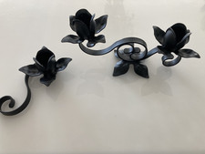 Beautiful Pair of Vintage Wrought Iron Black Metal Rose Candle Holders Gothic