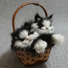 REALISTIC REAL FUR PAIR OF KITTENS IN A WICKER BASKET