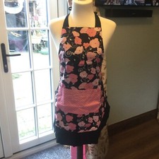 Flirty Aprons  Black & Pink Flowers Apron, Ruffled Edge, Front Pockets, One Size