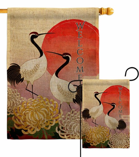 Red crowned crane burlap - crane,