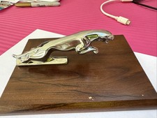 Jaguar Classic Car Bonnet Mascot on Oak Wood Plinth, Desk Ornament, vintage 