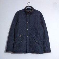 Barbour Blue Quilted Powell Jacket Mens Small Leather Trim Fleece Lined Full Zip