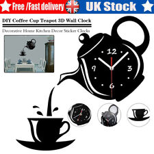 3D Coffee Cup Teapot Quartz Wall Clock Kitchen School Office Home DIY Sticker UK