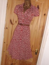 Red white floral spot vintage WW2 40s 50s repro party shirt tea dress size 14