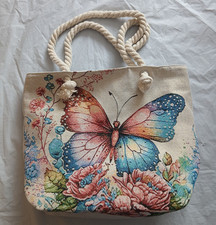 Ivory Coloured Butterfly/Floral Tote bag with Rope Handles