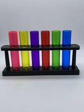 Set of 6 Brightly Coloured Plastic Shot Glass Test Tubes with Black Stand 