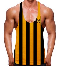 Gold Retro Stripe Stringer Vest Bodybuilding 80's Vintage Training Workout Men 