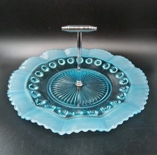 Aqua Blue Glass Art Deco Cake Stand w/Chrome Handle, Davidson  #269 c1930s