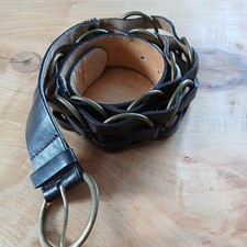 Vintage Leather Belt - Metal Rings Dark Brown Size 37" to 43" - Boho - 70's