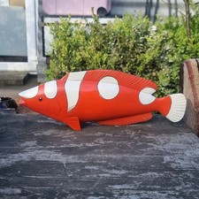 Hand-Painted Wooden Fish Sculpture – Bold Orange & White – 35cm