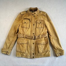 River Island Real Leather Jacket Women's 16 Tan Beige Full Zip Belted Distressed