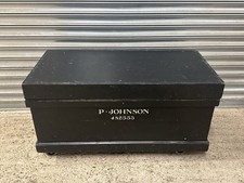 Antique Blackened Pine Chest Trunk Box Marked P Johnson 482553 On Wheels