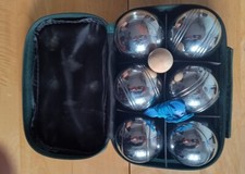 6 Steel Boules with wooden jack, measure, green carry case, Petanque