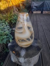 Vintage Biege and Clear Spiral Swirl Hand Blown Art Glass Vase, 13.5 inches tall