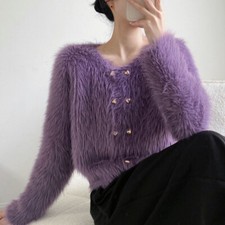 Lady Faux Fur Knitted Sweater Short Cardigans Fluffy Jumper Coat Knitwear Winter