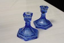 2 x VINTAGE DEEP BLUE GLASS HEXAGONAL CANDLESTICKS CANDLE HOLDERS ART DECO PAIR