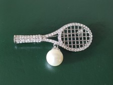 Silver Tone Tennis Racket With Crystal And Faux Pearl Brooch