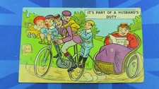 Vintage Comic Postcard 1909 Gents Bicycle Cycling Passenger Trailer Large Lady 