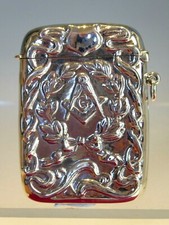 NOVELTY SOLID STERLING SILVER  MASONIC VESTA MATCH STRIKE CASE