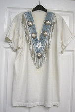 VINTAGE  LADIES WESTERN  LINE DANCE SHIRT --WHITE + DEMIN TRIM & LEATHER FRINGE