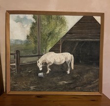 Vintage 1972 Oil Painting – White Horse by Barn – Signed David Christie Framed